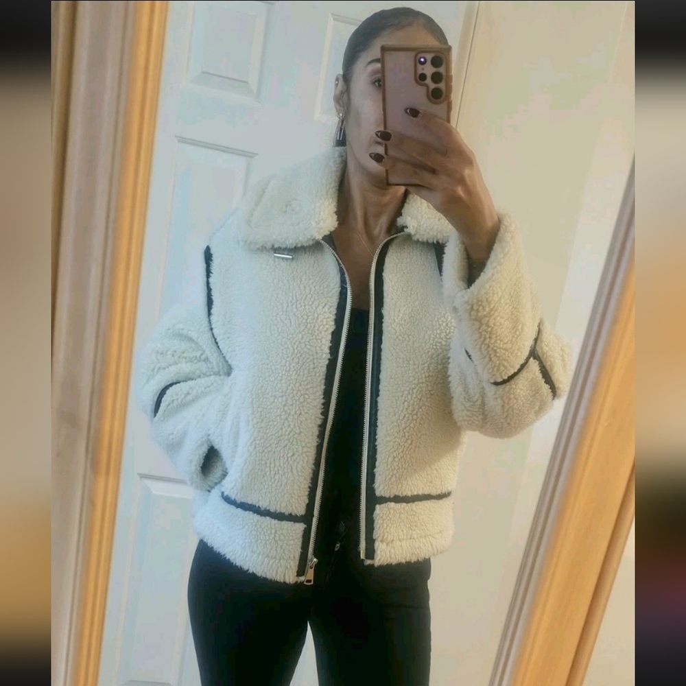 ZARA FAUX SHEARLING BIKER JACKET ZW COLLECTION ECRU (M) Retail $200 EUC-naked - Picture 13 of 16
